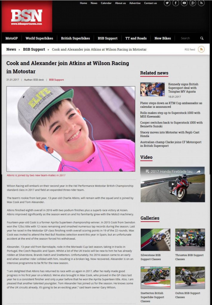 Wilson Racing January 2017 BikeSportNews.com