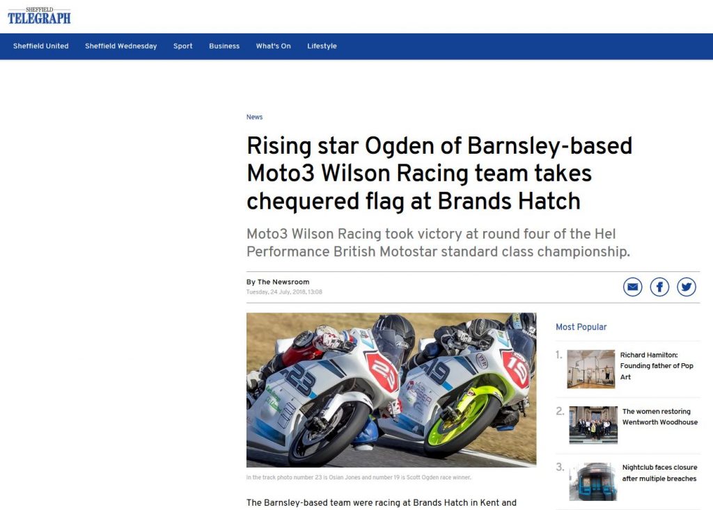 Sheffield Telegraph July 2018 Wilson Racing